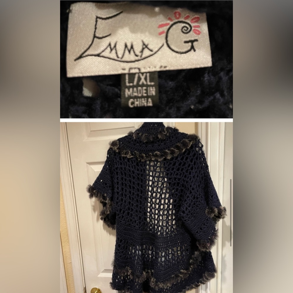 Authentic rabbit fur trim crochet short sleeve shawl. Size L/XL. - Picture 2 of 3